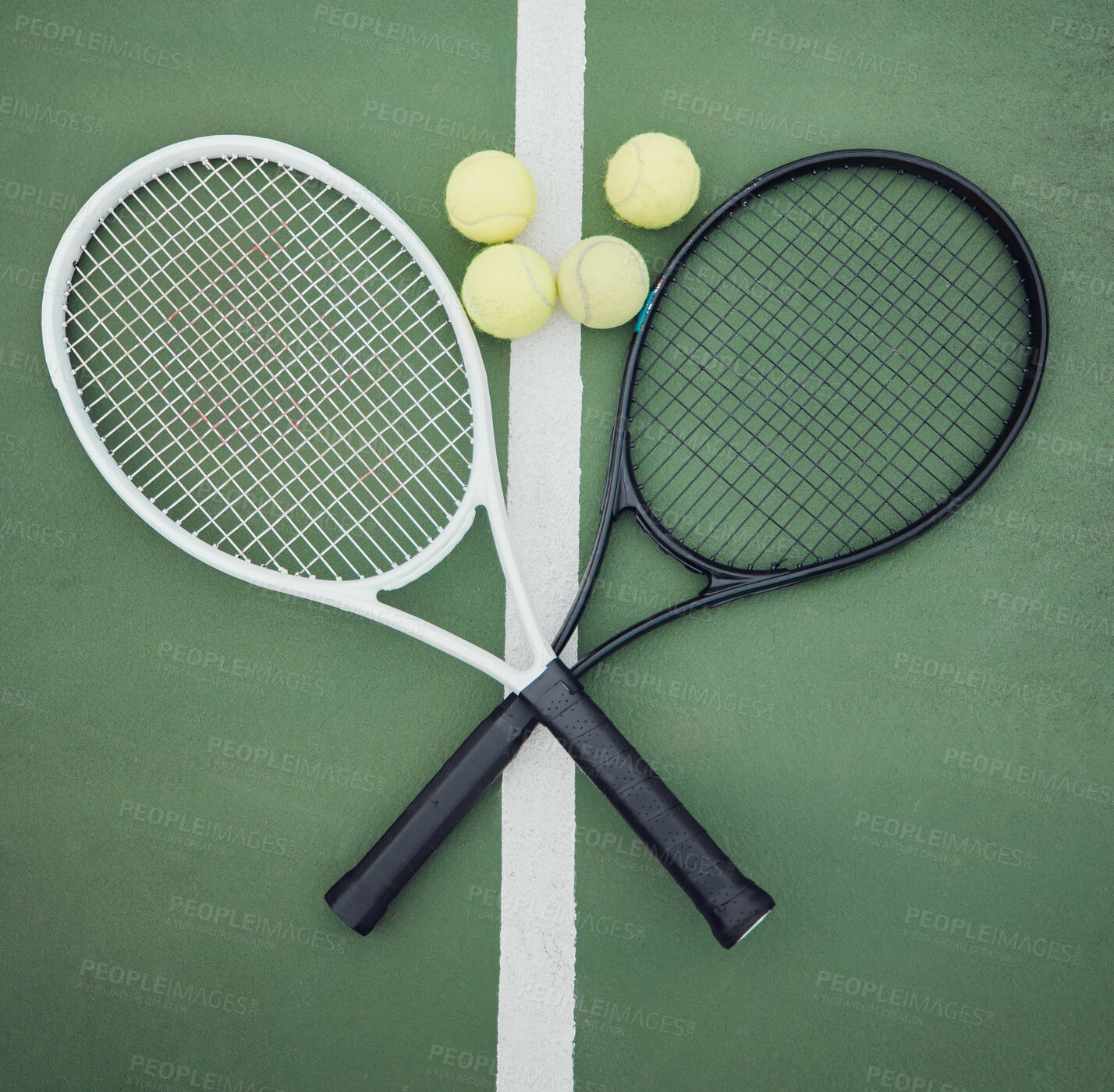 Buy stock photo Tennis, racket and top on court floor, ball and fitness for competition sport in summer or outside with equipment. Tournament, cardio activity and training for contest, game and country club