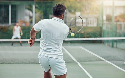 Buy stock photo Back, tennis and man with action, playing and competitive with opponent, energy and speed with ball. Outdoor, performance and active in game, people and sport with challenge in court and match