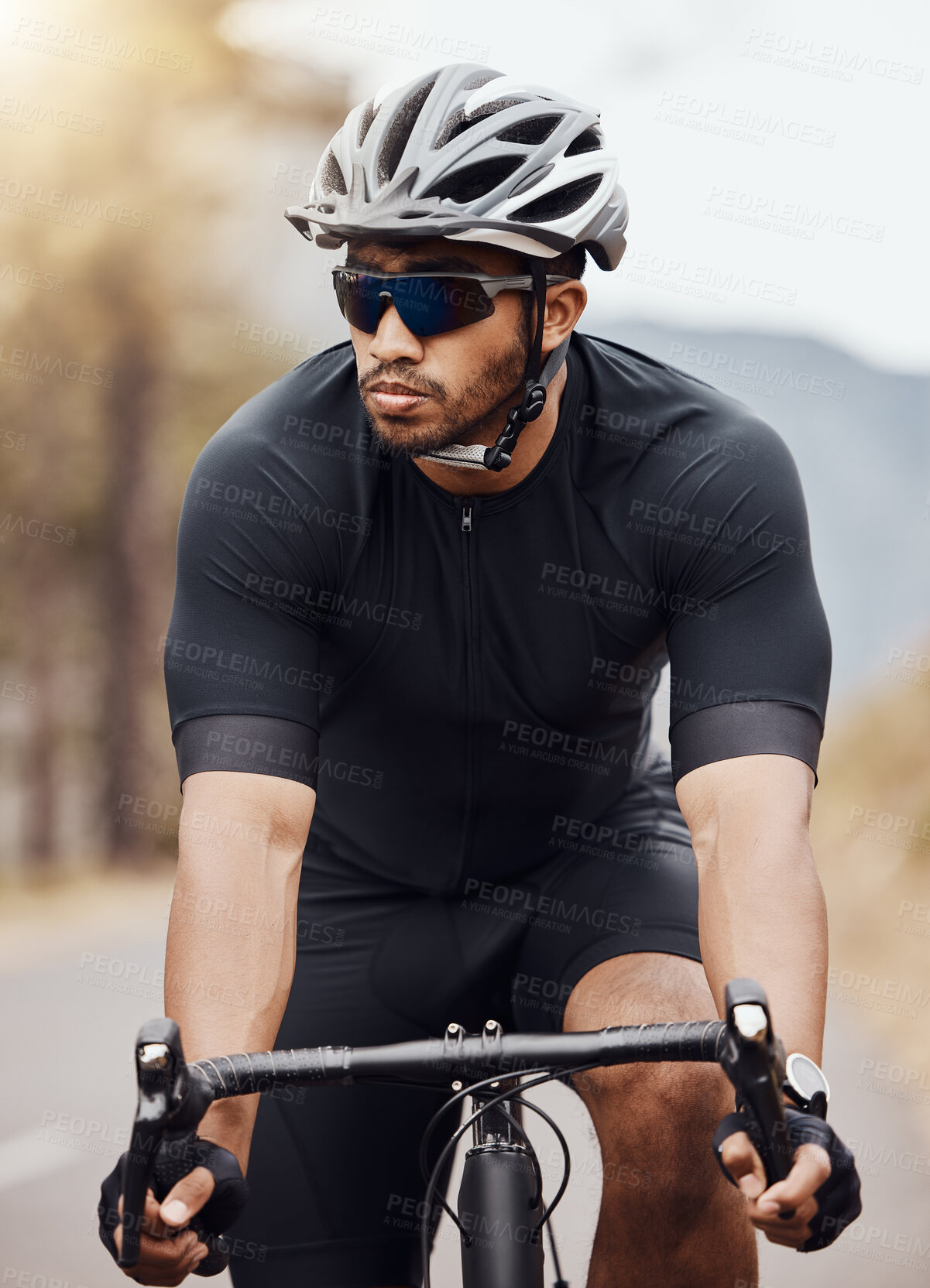 Buy stock photo Man, fitness and cycling with helmet, sunglasses and mountain bike for sport, exercise and adventure. Male person, bicycle and route as athlete in training, physical activity and wellness in nature