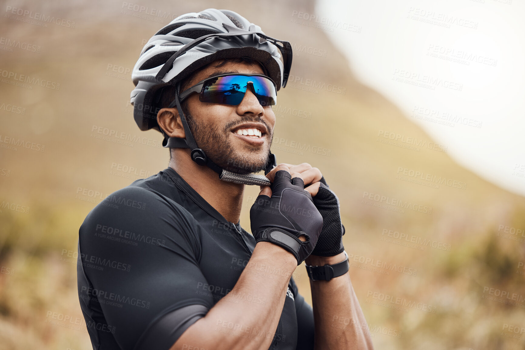 Buy stock photo Male person, fitness and cyclist with helmet, sunglasses and mountain road for sport, exercise and adventure. Man, safety and gloves as athlete in training, physical activity and wellness in nature