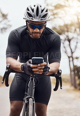 Buy stock photo Phone, bicycle and athlete with cycling app for fitness, workout and training tracking outdoor. Map, navigation and mountain bike route with internet, website and typing for direction with mobile