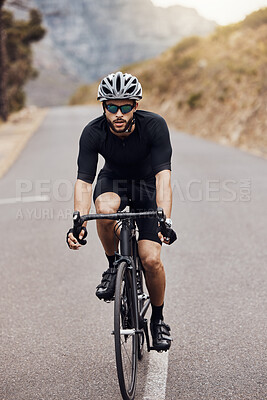 Buy stock photo Road, cyclist or man in portrait for training, competition and cycling race with endurance in Germany. Outdoor, male athlete and helmet for safety, fitness wellness and bike for sports adventure