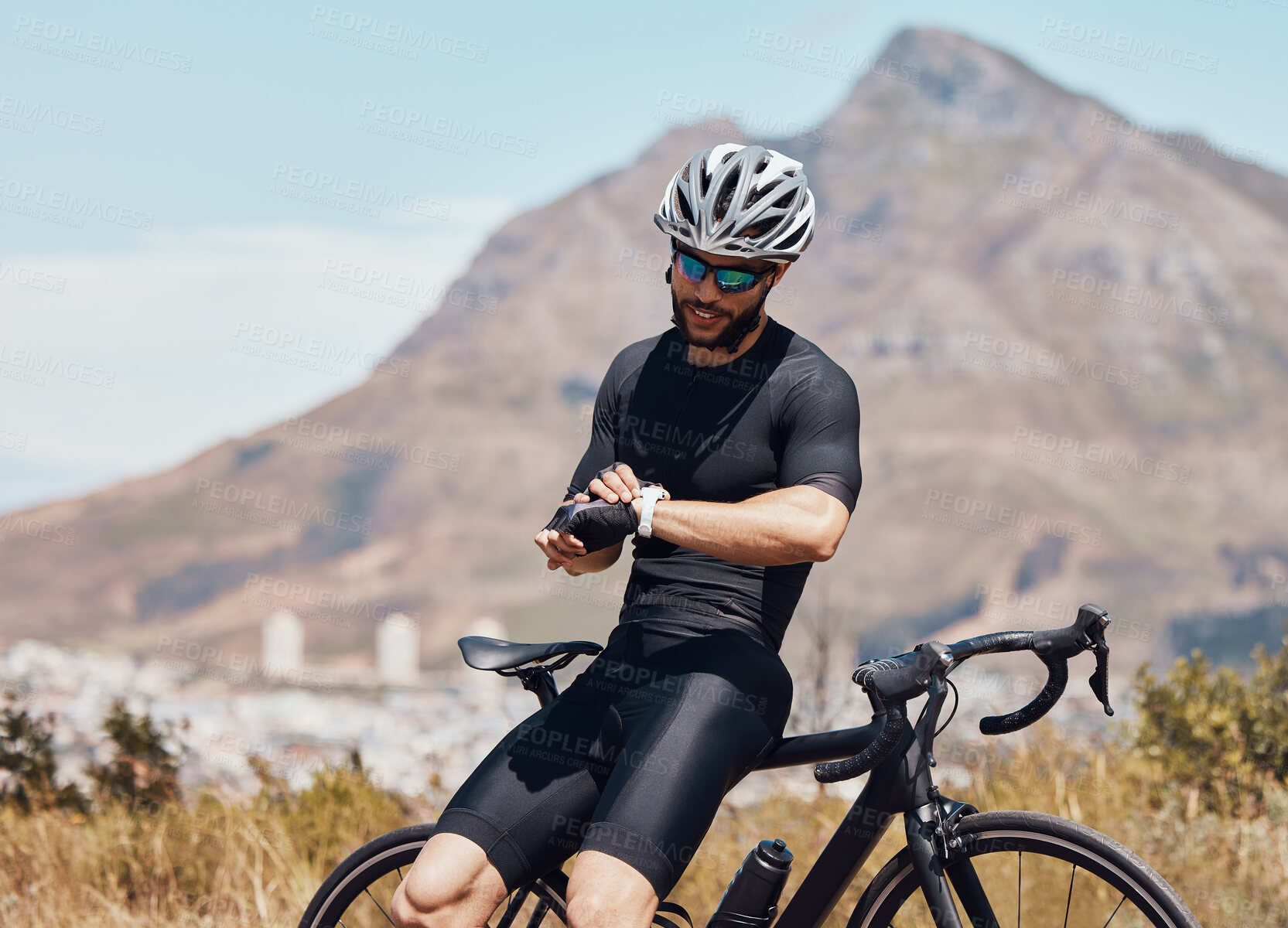 Buy stock photo Man, cycling and watch for checking heart rate in outdoor, exercise and tracking pulse for time. Male person, biker and athlete for monitoring results during workout, sports training and fitness