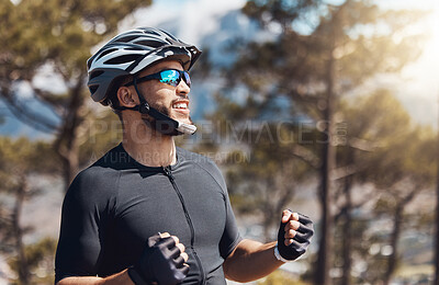 Buy stock photo Happy man, cyclist and achievement with helmet in nature for challenge, winning or victory in forest. Excited male person, athlete or biker with smile for accomplishment, fitness goals or cycling