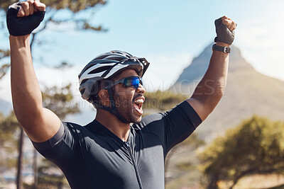 Buy stock photo Happy man, cyclist and celebration with helmet in nature for challenge, winning or victory on mountain. Excited male person, athlete or biker with smile for accomplishment, fitness goals or cycling