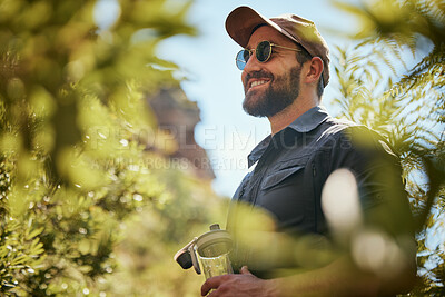 Buy stock photo Hiking, smile or man with bottle in forest outdoor on vacation, holiday or travel on adventure. Trekking, nature or thirsty person with water for refreshment, health or thinking of hydration on break