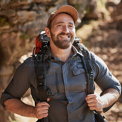 Buy stock photo Hiking, backpack and man in mountains with thinking from trekking, fitness and adventure, Happy, smile and journey with bag and travel on eco friendly holiday outdoor with trip and vacation in nature