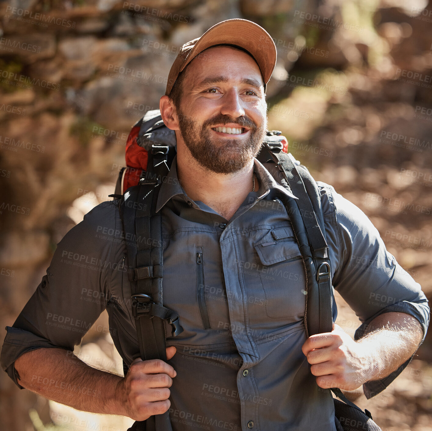 Buy stock photo Hiking, backpack and man in mountains with thinking from trekking, fitness and adventure, Happy, smile and journey with bag and travel on eco friendly holiday outdoor with trip and vacation in nature