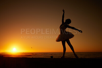 Buy stock photo Ballet, sunset and silhouette at beach for dance, creative and freedom with energy, mockup or balance. Ballerina, person and fitness outdoor by ocean for aesthetic, performance and exercise as artist