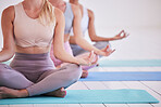 Group of women in yoga class cropped. Women sitting in lotus pose on yoga mats in studio. Group of women in holistic yoga class. Sporty women in yoga practice together. Women practicing yoga routine