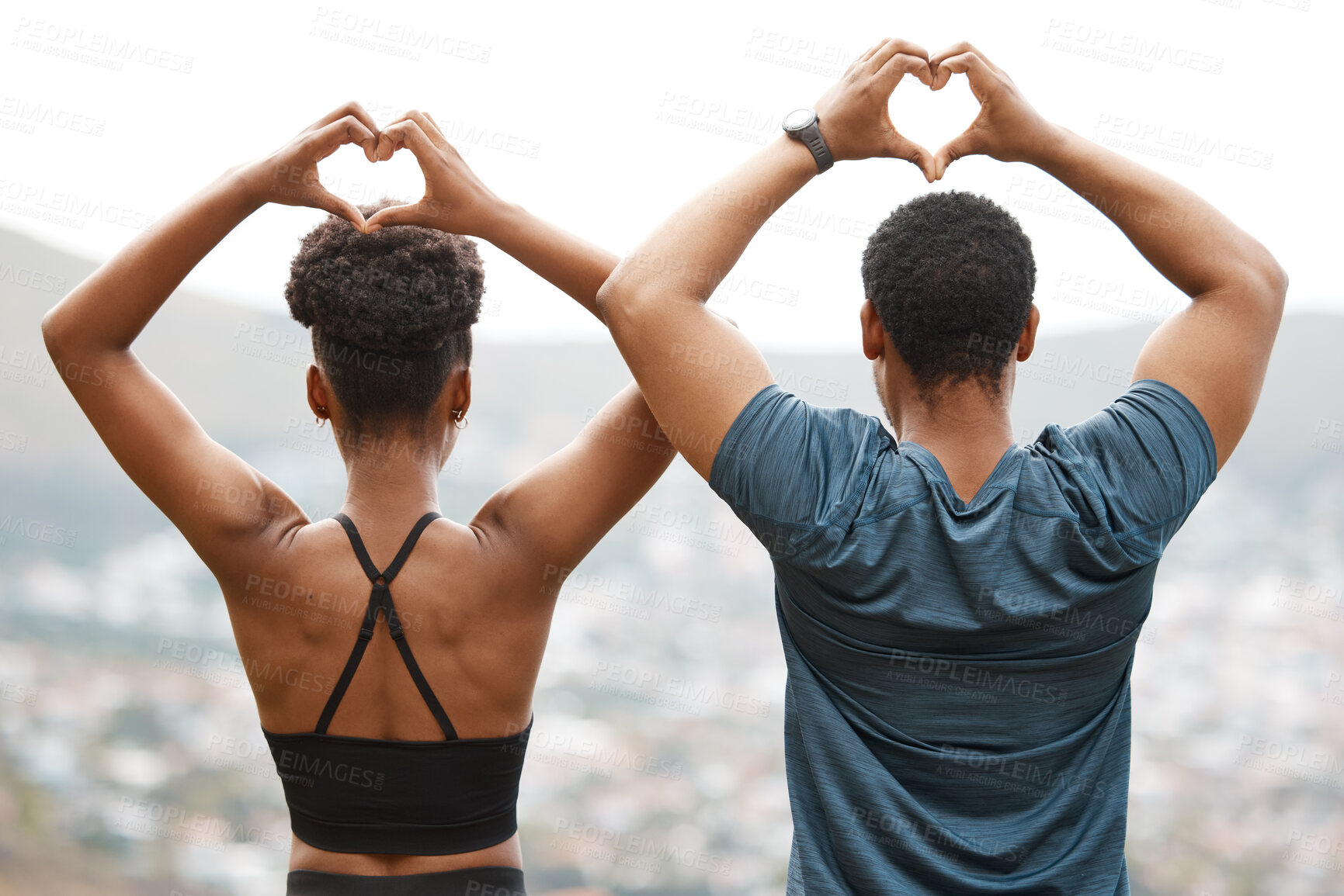 Buy stock photo Back, fitness and hands of couple with heart sign for health, workout or exercise with care. Relationship, emoji and black people on break with gesture for outdoor activity, wellness or symbol