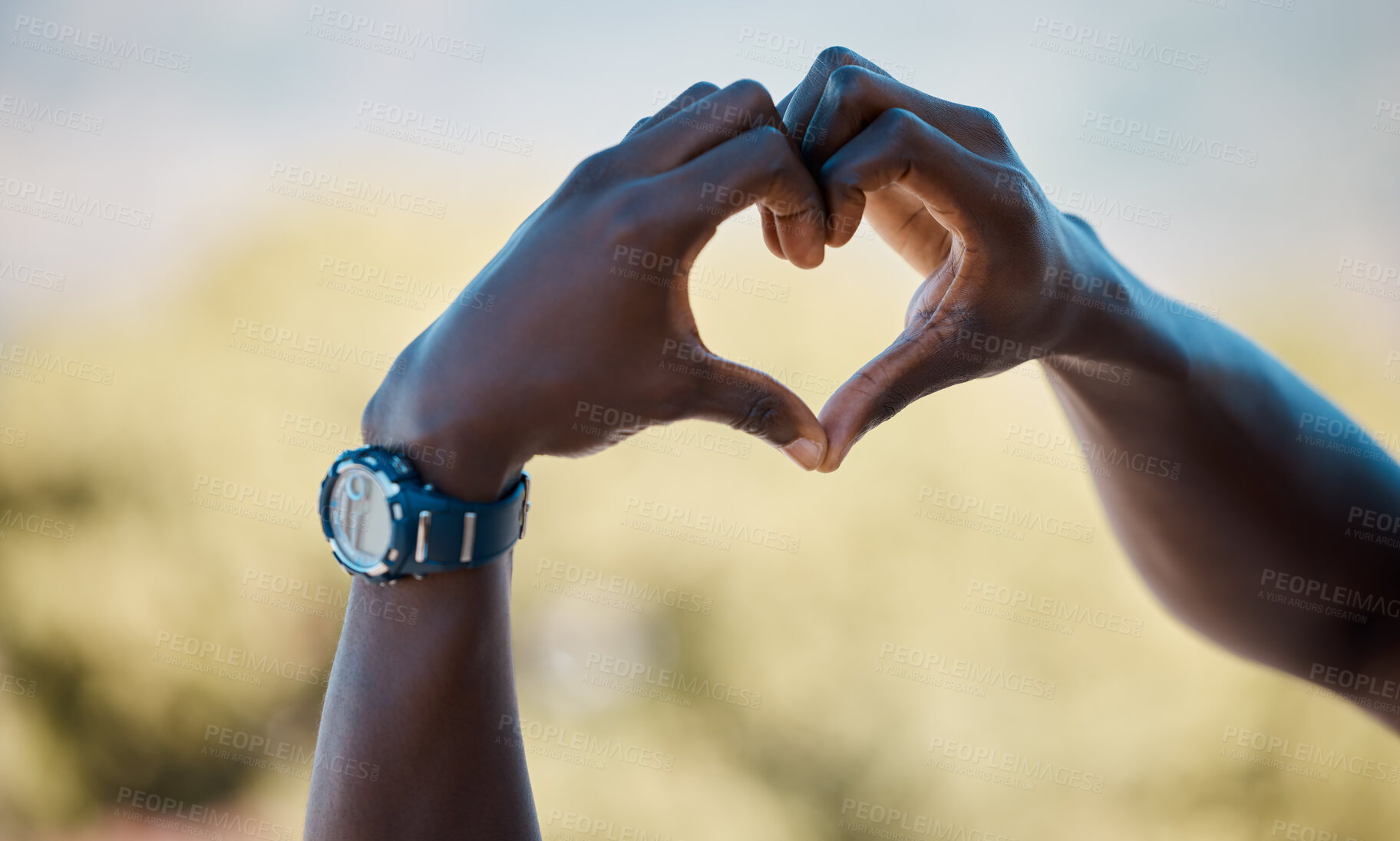 Buy stock photo Love, heart and hands outdoor closeup for health insurance, charity or organ donation for kindness in nature. Fingers, support and person with sign for gratitude, peace or show trust with emoji shape