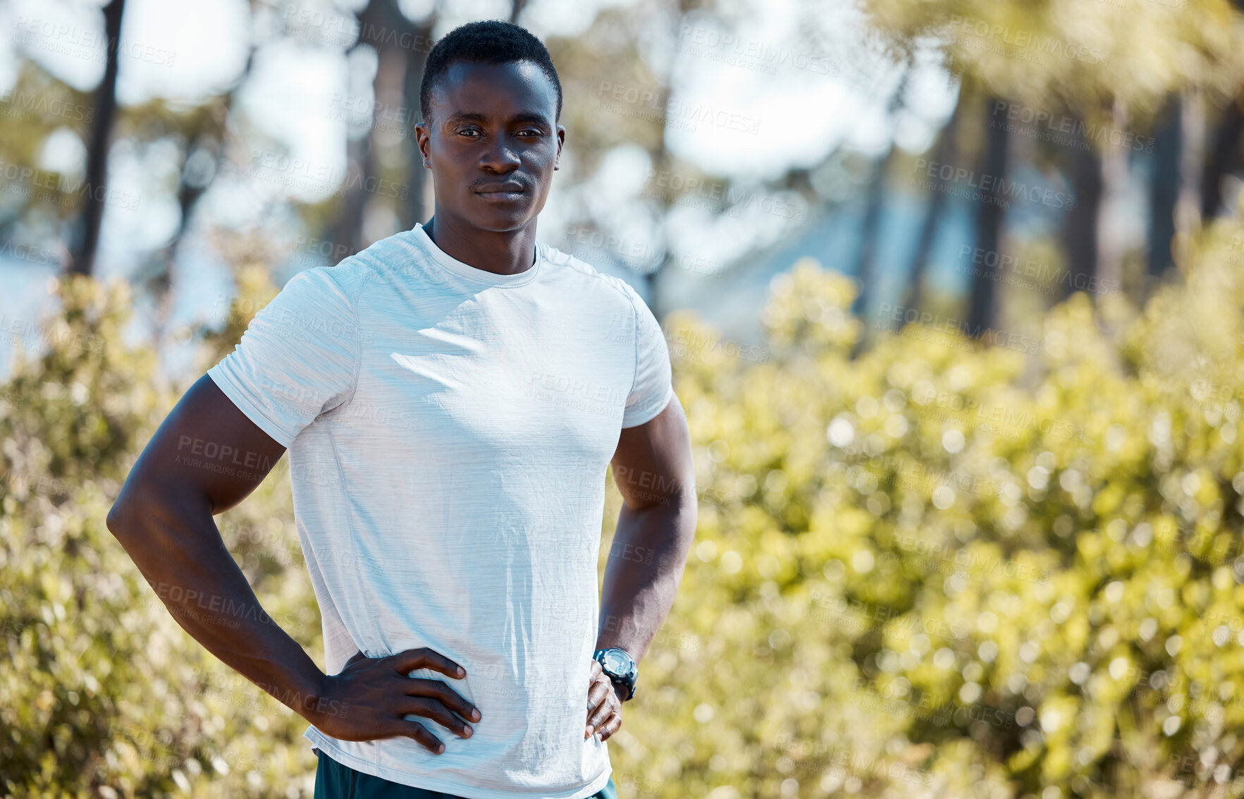 Buy stock photo Black man, portrait and confident for fitness in outdoor for morning workout routine, exercise and proud for healthy living. Male person, nature and determination for physical cardio and training.