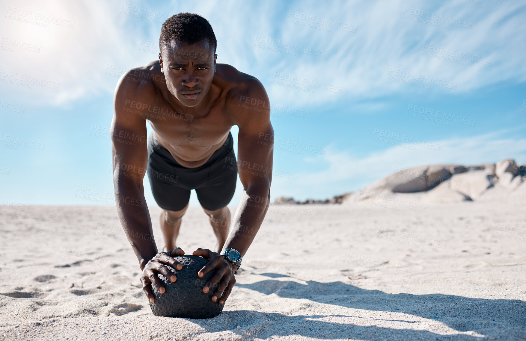 Buy stock photo Fitness, black man and portrait with medicine ball for exercise abs for body health at beach. Training, equipment and athlete plank for core workout, strong muscle or power outdoor with bodybuilder