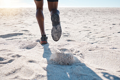 Buy stock photo Fitness, feet and person running on beach for endurance, cardio workout or marathon training. Sports, wellness and athlete with shoes for performance, challenge or morning exercise in California