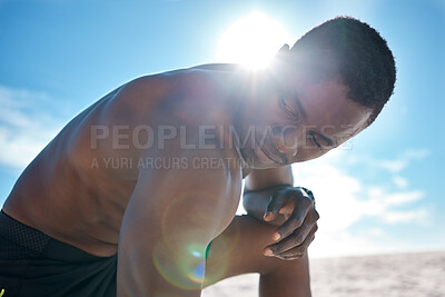 Buy stock photo Black man, topless and rest for exercise or jog in outdoor as athlete in summer for morning workout. Strong, African and male person on break for sports, training and run in USA for fitness or muscle