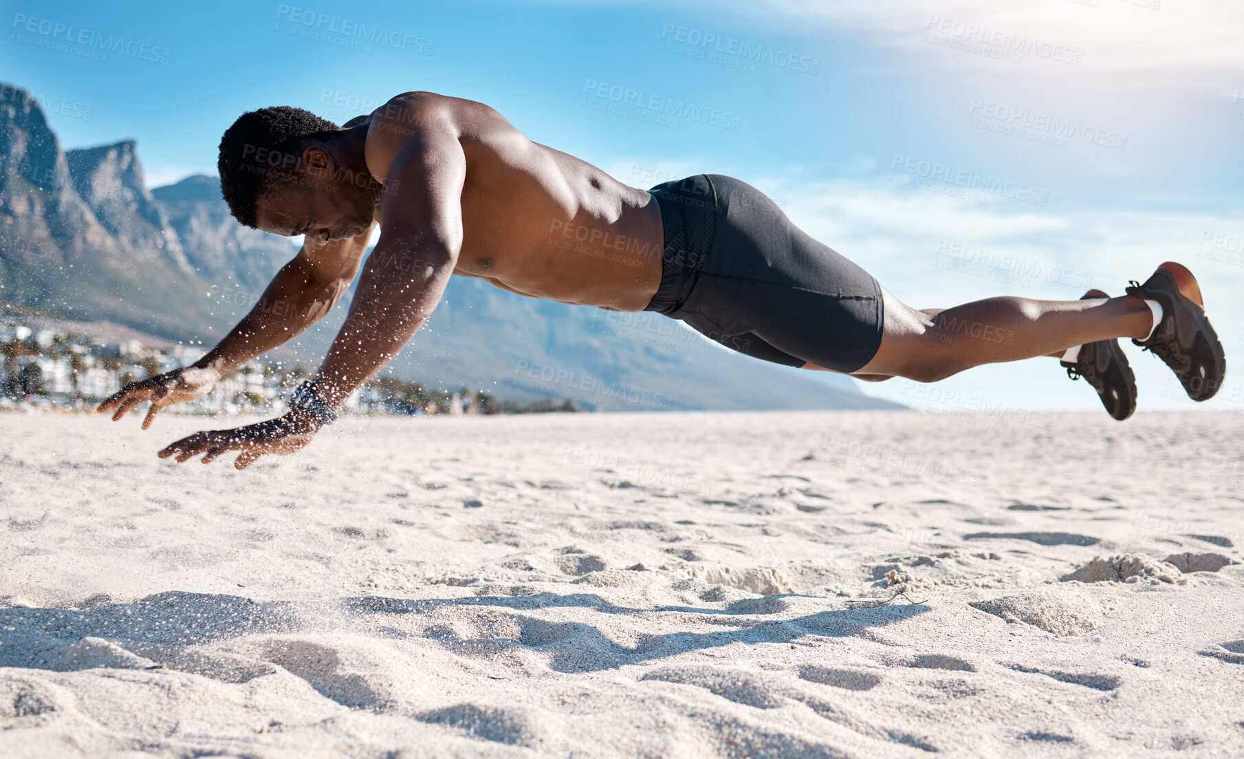 Buy stock photo Black man, topless and plank for workout or cardio on beach as athlete in summer for morning exercise. Strong, African and male person in mid air for sports or training in USA for fitness or muscle