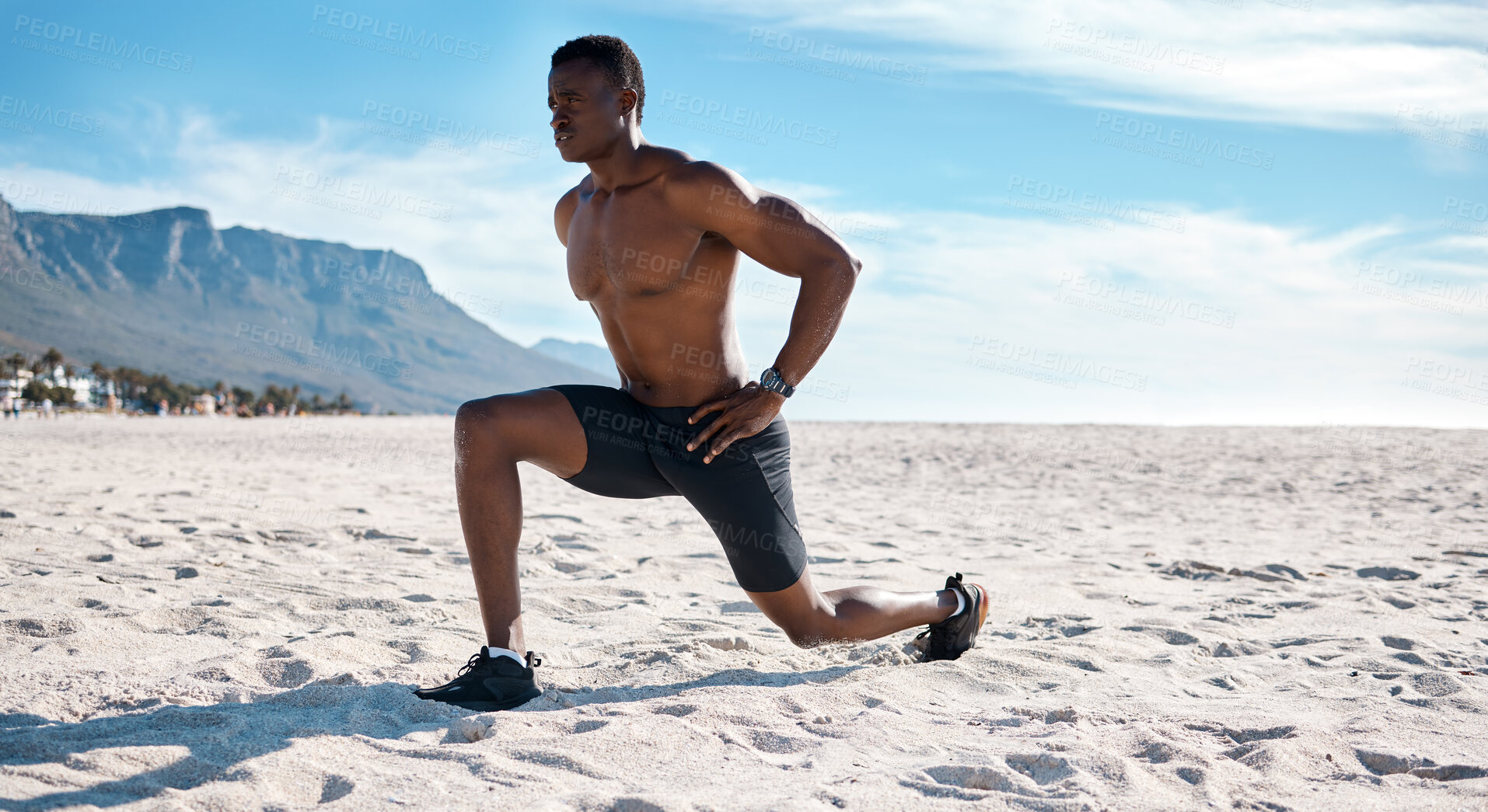 Buy stock photo Beach, black man and fitness for lunges stretching and cardio with workout, flexibility and exercise. Energy, African person or bodybuilder with routine, seaside and healthy with athlete or active