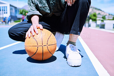 Buy stock photo Hands, basketball and person on court for fashion, fitness and cardio in summer with sunshine. Wellness, clothes and influencer or gen z with style for outdoor sport or exercise in urban city