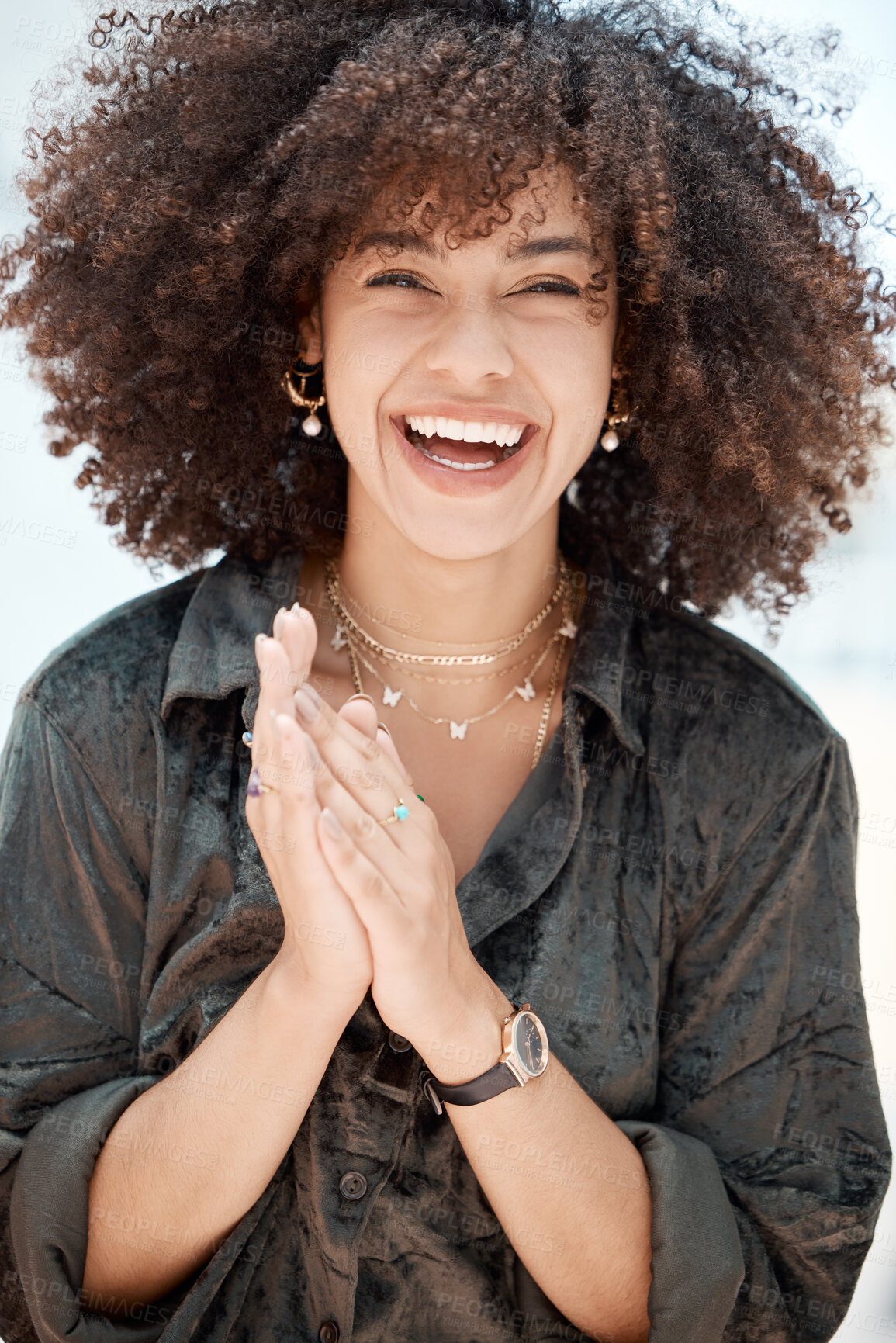 Buy stock photo Happy, laughing and portrait of woman with fashion for cool style, humor and trendy clothes. Curly hair, accessories and female person with smile for comedy, confidence and outfit pride in summer