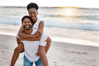 Buy stock photo Sunset, black couple and piggyback with portrait, beach and celebrating together for anniversary. Vacation, honeymoon and people with romance, travel and marriage on summer holiday and Miami ocean