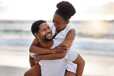 Buy stock photo Sunset, black couple and piggyback with love, beach and celebrating together for anniversary. Vacation, honeymoon and people with romance, travel and marriage on summer holiday and Miami ocean