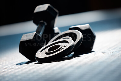 Buy stock photo Gym, floor and equipment or weights for fitness or body building, exercise and workout. training center, dumbbells and club for muscles with wellness or wellbeing and sport warmup with strength