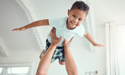 Buy stock photo Boy, home and happy with flying in air on portrait for fun, games and balance in Brazil. People, kid and smile in bedroom with airplane or playful for support, child development and childhood memory