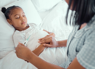 Buy stock photo Girl, sick and mom with thermometer in bed for allergies, fever and viral infection in family home. Mama, young child and check temperature for recovery with flu virus, healthcare and care in bedroom