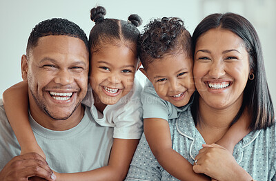 Buy stock photo Parents, kids and piggyback in home with break for fun, bonding and care. People, family and smile or happy on portrait for love, support and trust with love for child development or memories