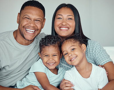 Buy stock photo Happy family, parents and portrait of kids in bedroom for connection, support and laughing together. Morning, father and face of children with mother for love, care and relax with siblings in house