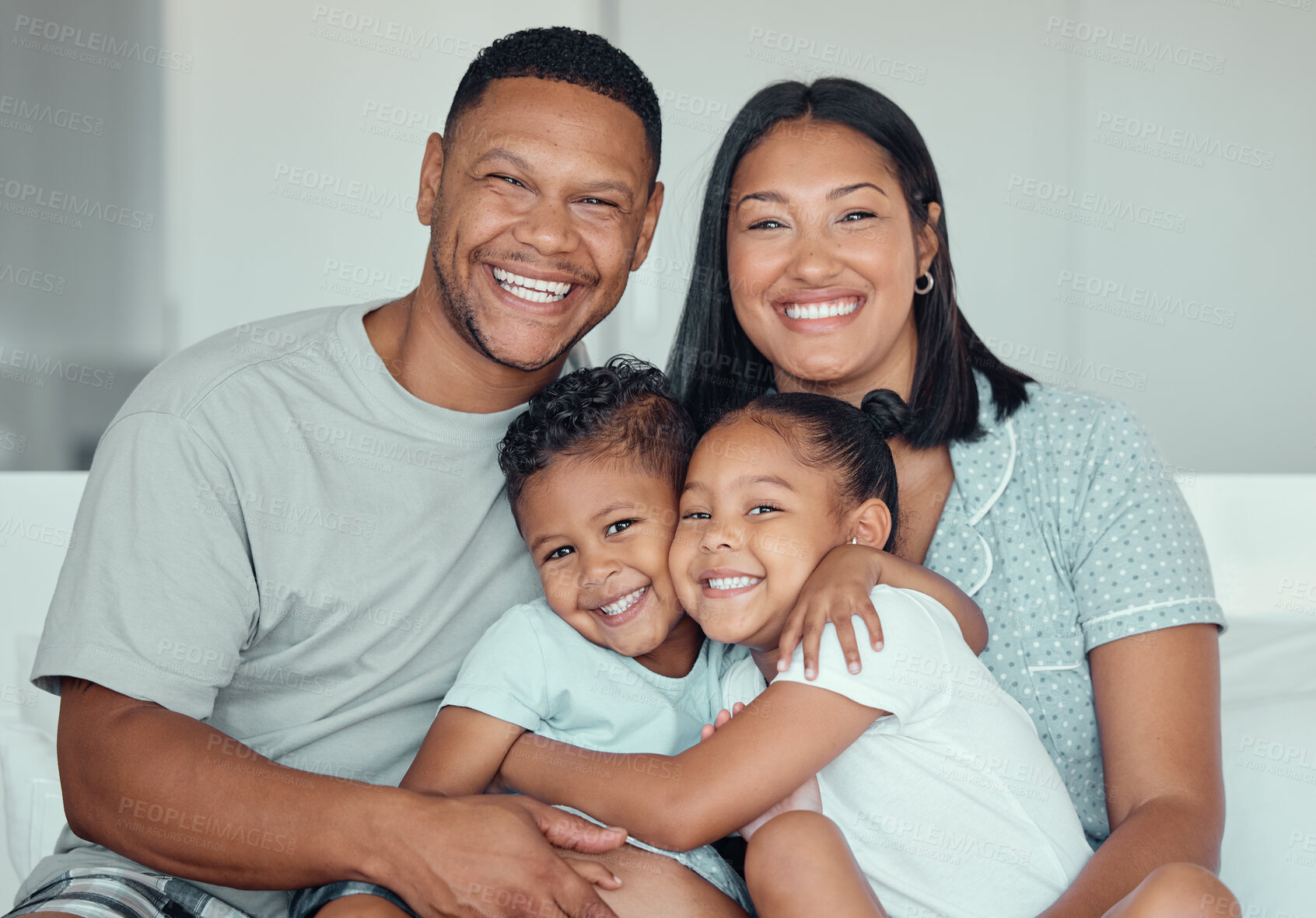 Buy stock photo Happy family, parents and portrait of children in bedroom for connection, support and laughing together in home. Face, father and  kids hug with mother for love, care and relax with siblings in house