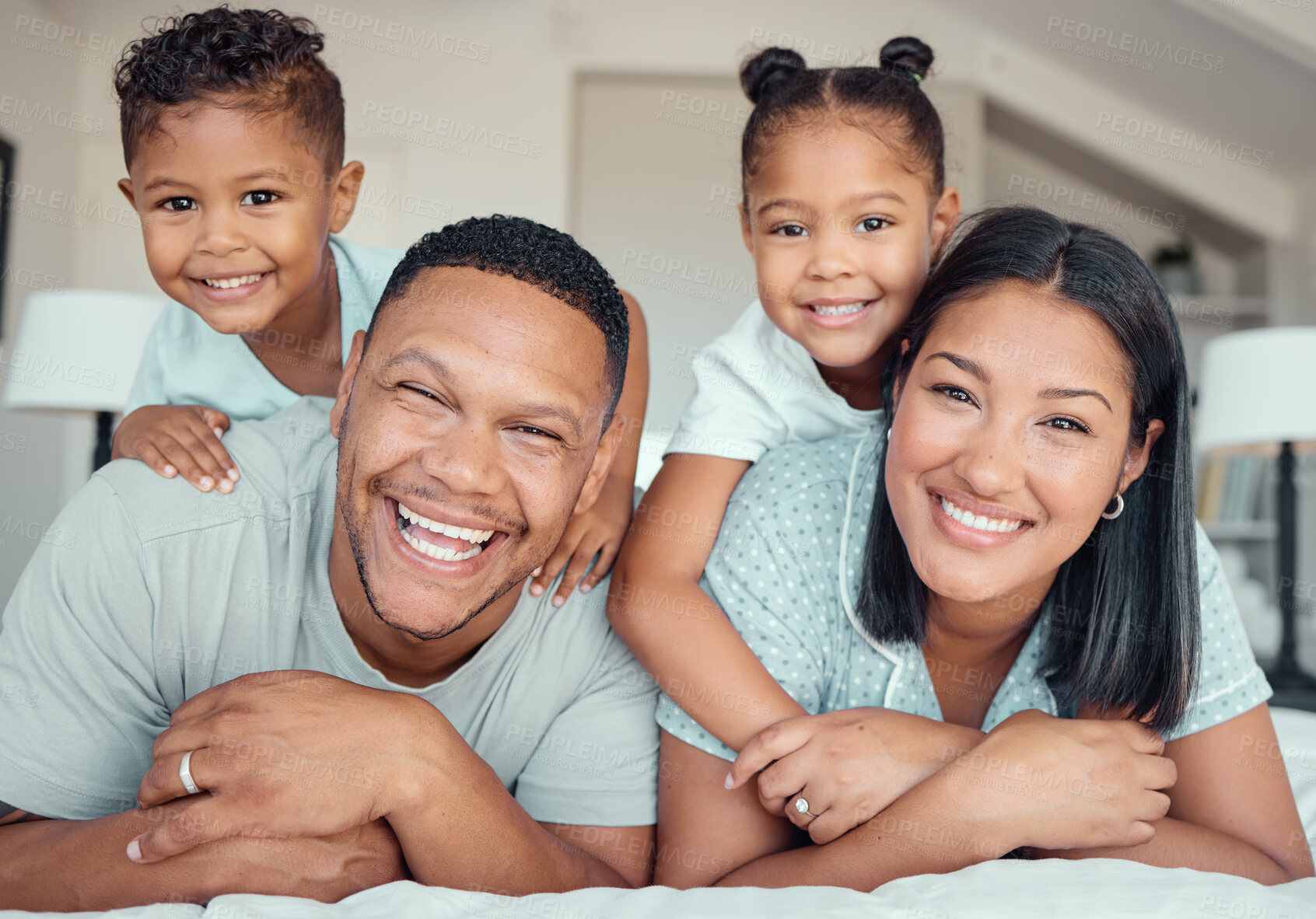 Buy stock photo Happy family, portrait and piggyback kids in bedroom for connection, support and laugh together in home. Face, father and  mother with children for love, care or parents relax with siblings in house