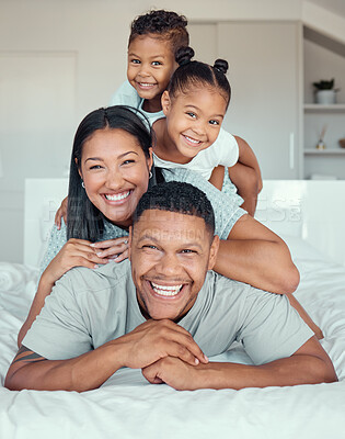 Buy stock photo Smile, family pyramid and portrait of children in bedroom for connection, support and laugh together in home. Face, father and mother with kids for love, care or parents relax with siblings in house