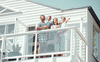 Buy stock photo Family, smile and parents with children on balcony in morning for scenery, holiday accommodation and view. People, travel and low angle in home on weekend trip for bonding, vacation or happy together