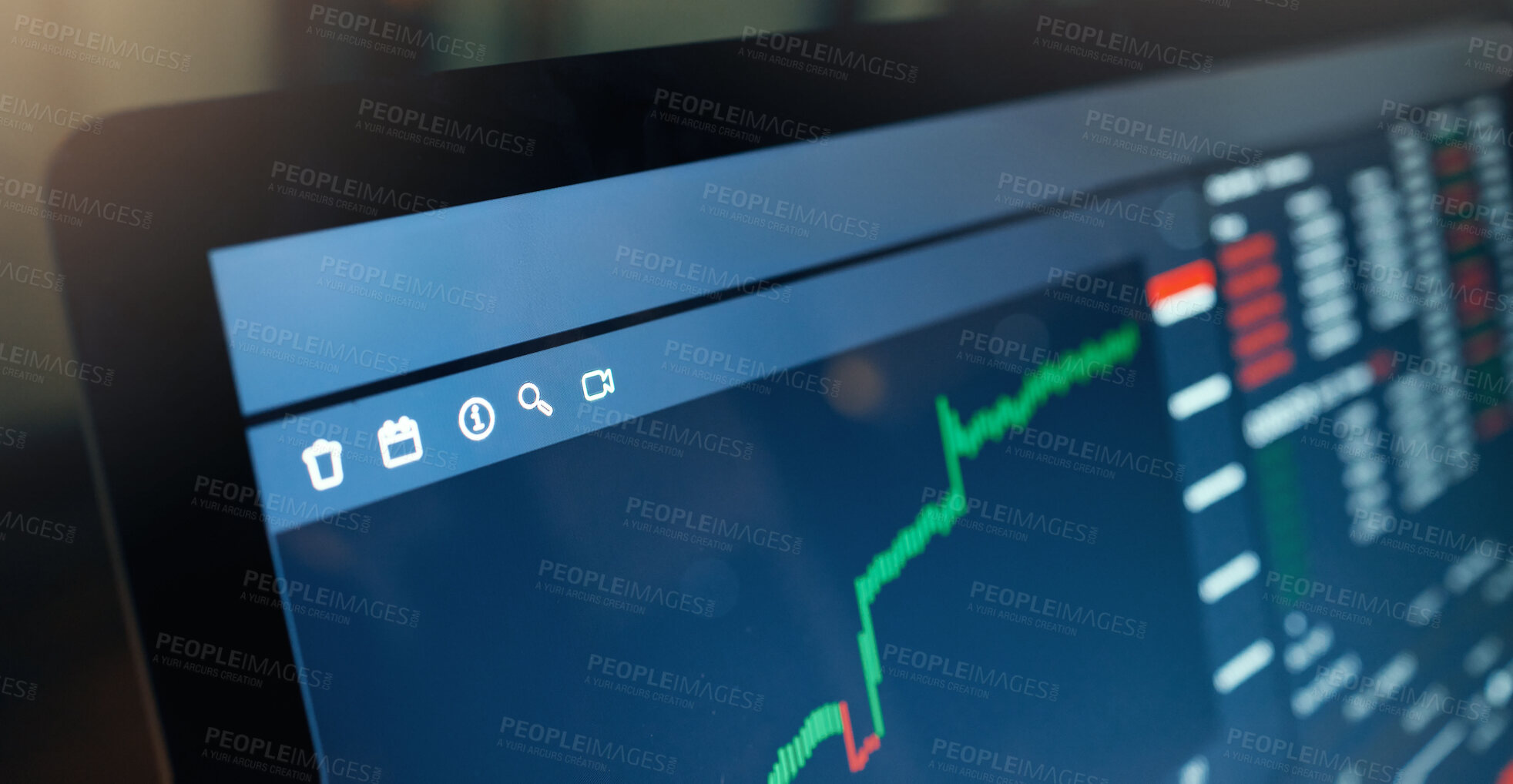 Buy stock photo Stock market, digital and crypto of bitcoin blockchain graphs in online trading and screen showing profit increase. AI data of forex currency for investing, investment and NFT, ecommerce or exchange.