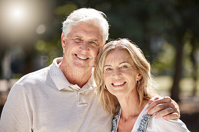 Buy stock photo Happy, senior and couple with portrait outdoor with love, commitment and relationship connection with trust. Elderly man, woman and together in park for bonding, date and enjoy retirement with care.