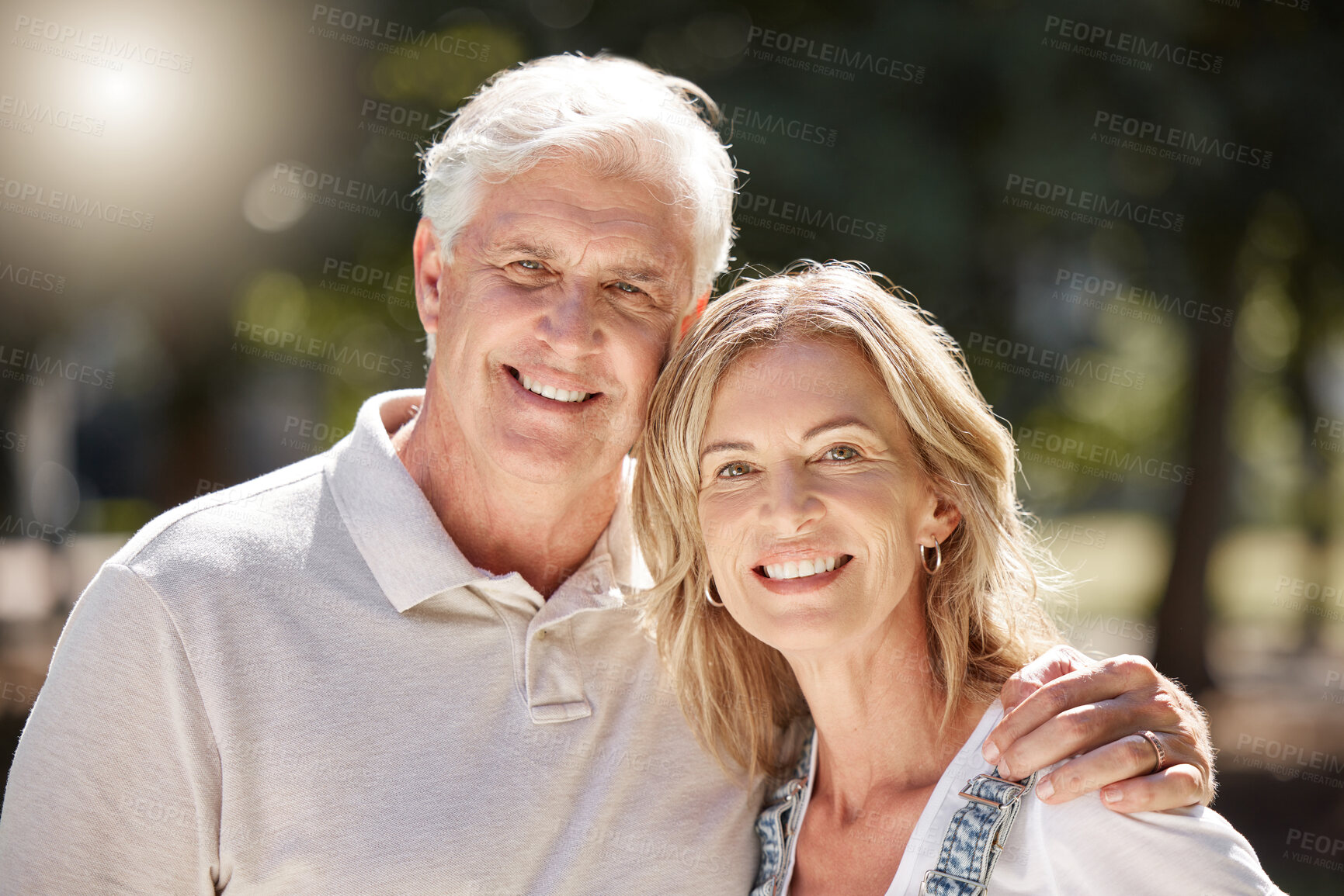 Buy stock photo Happy, senior and couple with portrait outdoor with love, commitment and relationship connection with trust. Elderly man, woman and together in park for bonding, date and enjoy retirement with care.