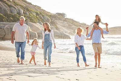 Buy stock photo Beach, walking and kids with parents and grandparents on summer vacation, adventure or holiday. Holding hands, love and family with generations by ocean for tropical weekend trip in Australia.