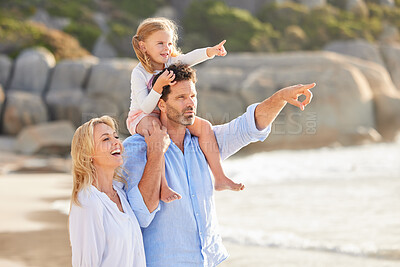 Buy stock photo Parents, girl and pointing in beach with shoulder ride for walking on break and holiday in Australia. People, family and happy with kid for vacation, journey  and adventure in seaside for bonding