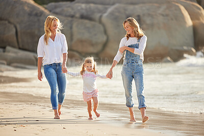 Buy stock photo Mother, grandmother and girl holding hands by beach to relax on summer holiday, vacation and weekend. Happy family, travel and child adventure with mom and granny for fun, bonding and Miami walk