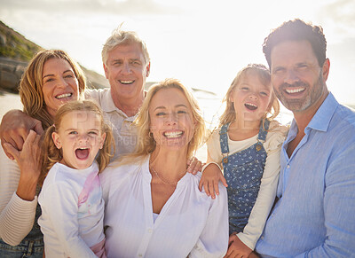 Buy stock photo Portrait, beach and big family with love, smile and vacation with happiness, kids and tropical island. Face, grandparents and mother with father, children or seaside with holiday and getaway trip