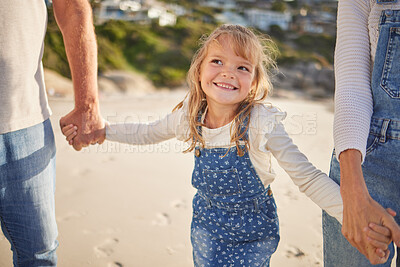 Buy stock photo Parents, girl and happy with walking in beach on break, trip and holiday in Australia. People, family and happy with kid for vacation, journey  and adventure in seaside for bonding, support and relax