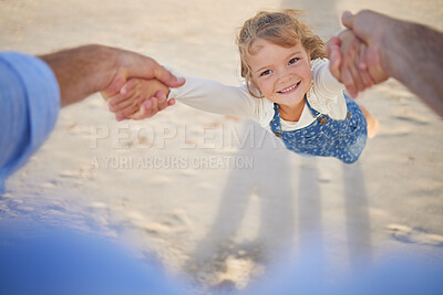 Buy stock photo Portrait, girl and hands with father, pov and love with fun, swinging and happiness with joy. Face, family and parent with daughter, dad and kid with vacation, tropical island and holiday and break