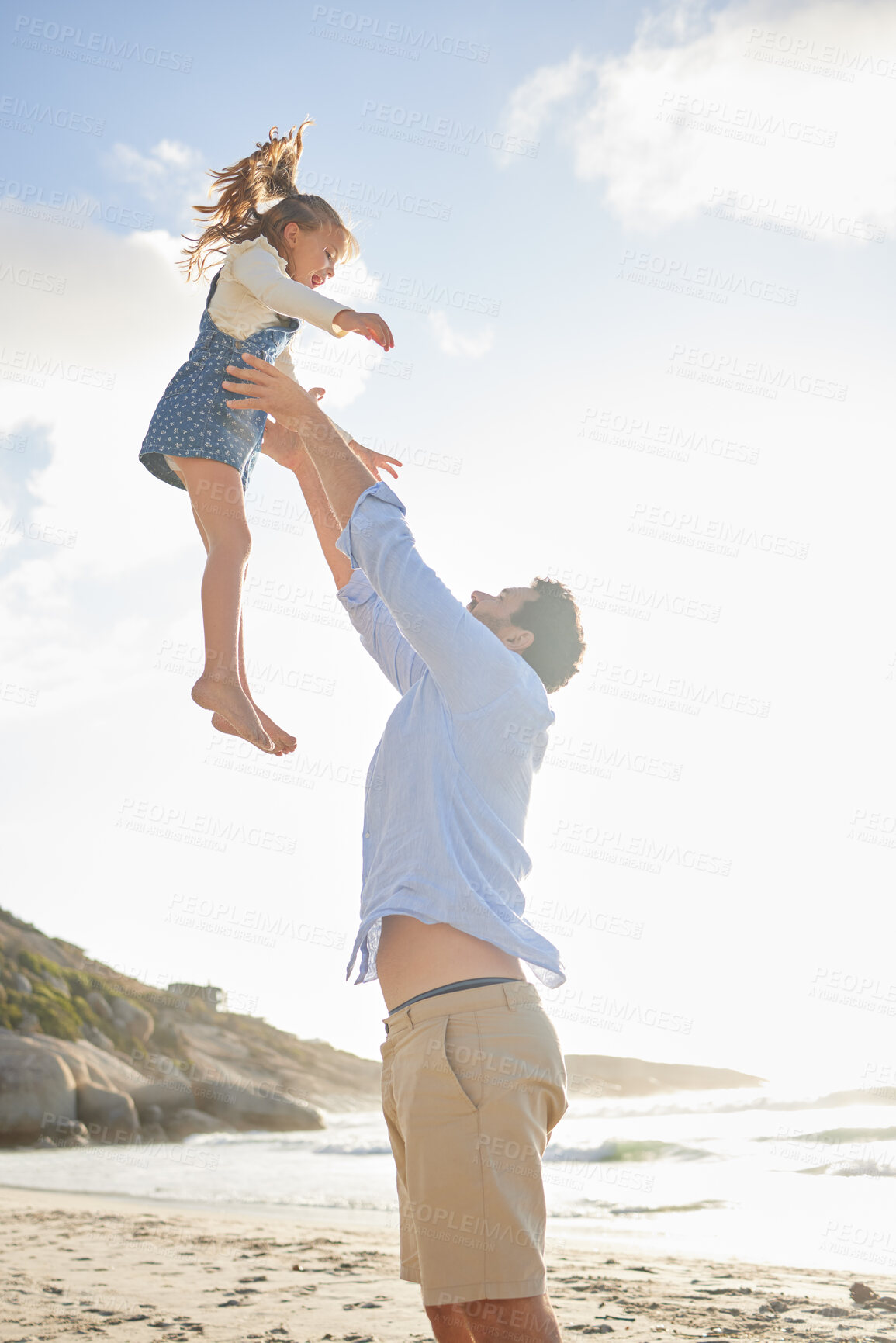 Buy stock photo Father, throw and child in air outdoor for lifting game with support, trust and bonding of beach adventure. Family, man and girl with blue sky for freedom, love and care for vacation journey by ocean