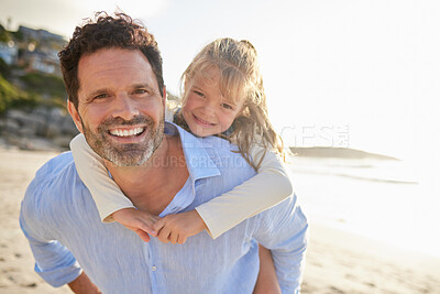 Buy stock photo Portrait, father and child at beach for piggyback ride on holiday or vacation for bonding fun. Man, carry and happy girl on back for childhood, travel and adventure by the ocean for Miami sunset walk