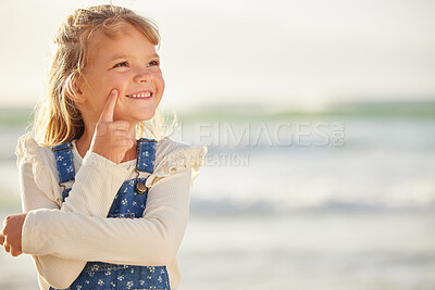 Buy stock photo Thinking, smile and girl with beach vacation, holiday and view for Miami seaside or getaway trip. Child, outdoor and nature with kid, travel and ocean for summer break with weekend and relaxing waves