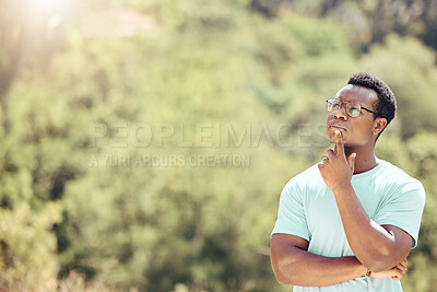 Buy stock photo Black man, thinking and glasses in nature outdoor with ideas, planning and travel solution for hiking location. African, male person and thoughts for vacation adventure, journey and freedom of peace