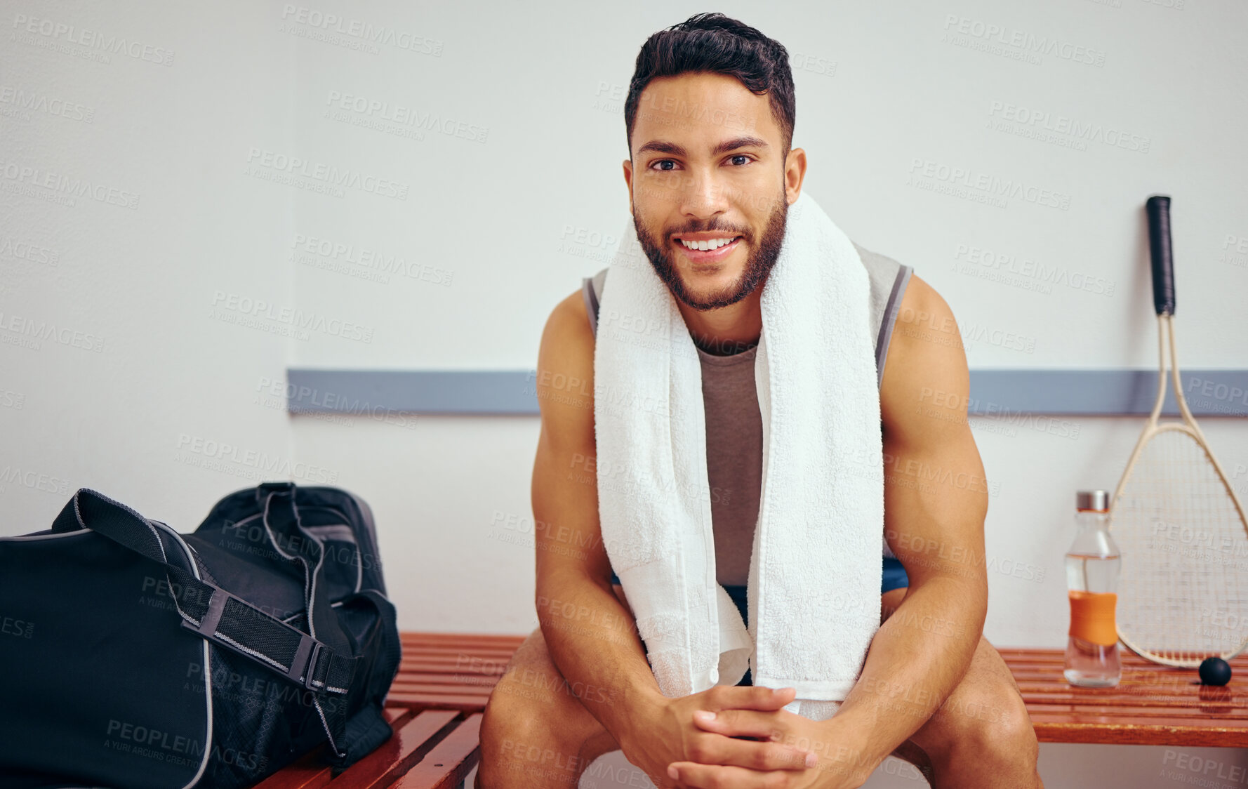 Buy stock photo Smile, athlete and man in gym, towel and squash player with bag, portrait and workout and healthy. Competition, relax and practice of sports for person, commitment or happy with wellness with fitness