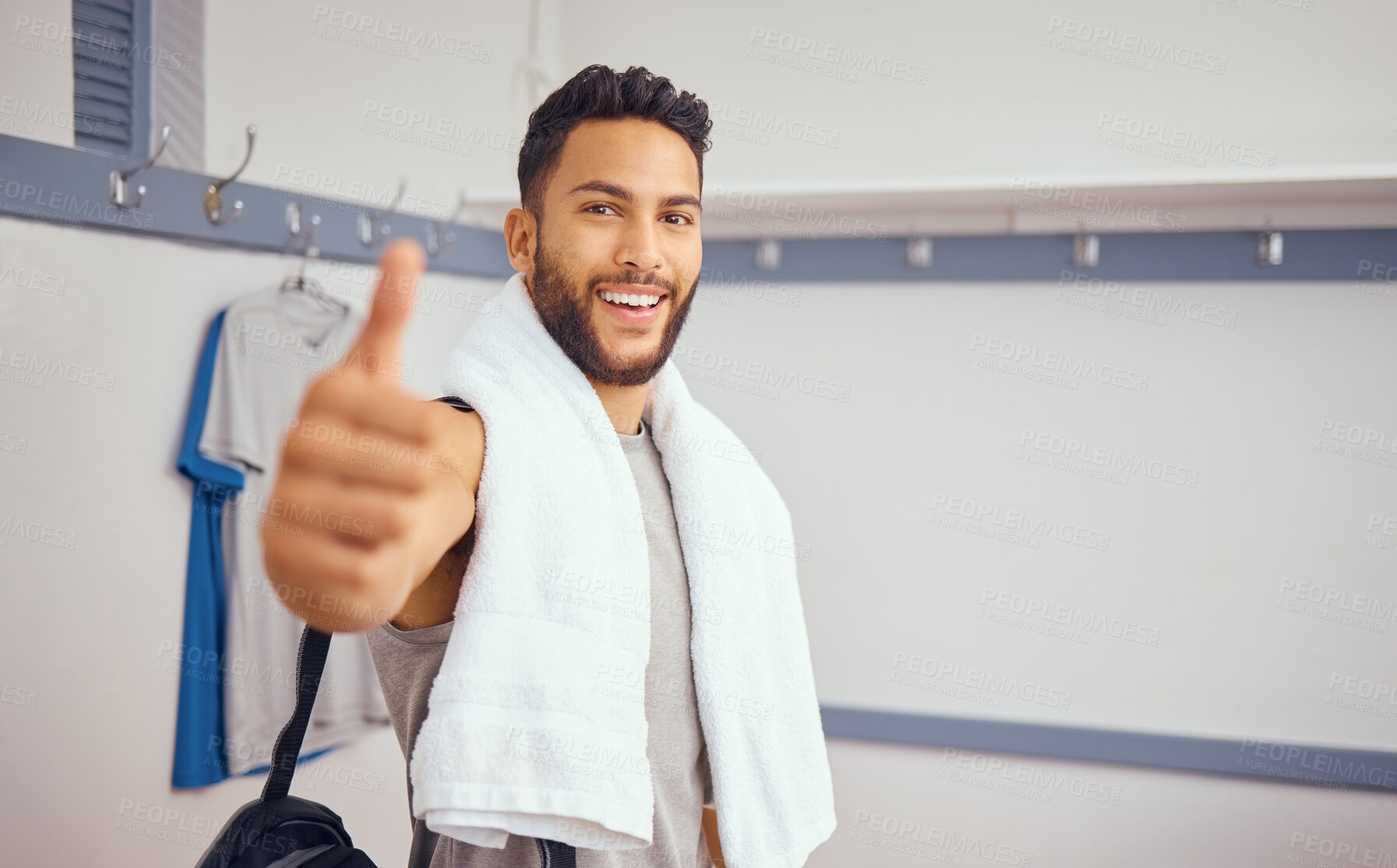 Buy stock photo Sports, locker room and portrait of man with thumbs up for agreement, thank you or happy opinion. Smile, confidence and winner athlete with okay hand sign, yes gesture or like emoji at gym workout